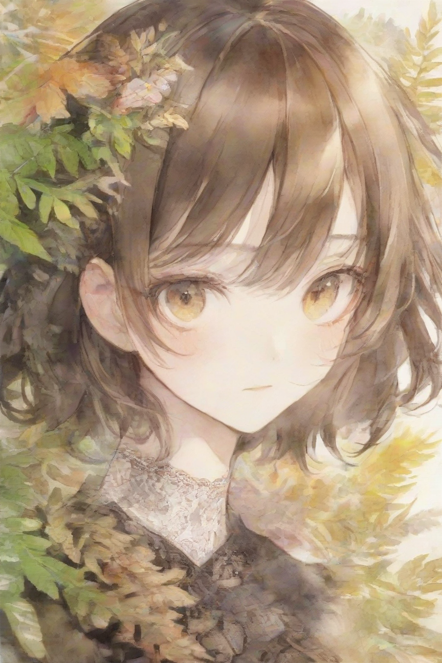 44262-395921775-watercolor _(medium_),portrait,solo,1girl,dark brown hair,bronze eyes,bright,Lace_fern _(flower_),floral background ,.png